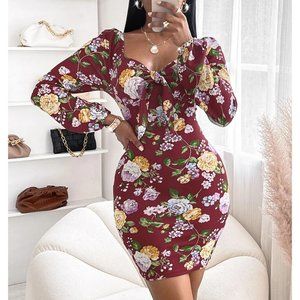 NEW! Floral Print Lantern Sleeve Sweetheart Neck Bodycon Dress